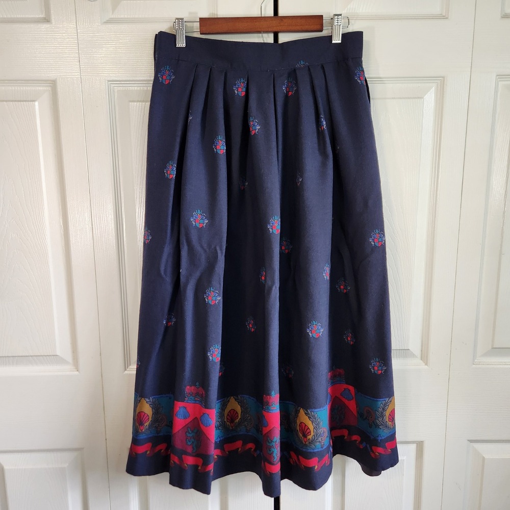 Vintage Navy Heraldic Crest Border Print Pleated Maxi Skirt Made in USA Size 16 - Picture 2 of 9